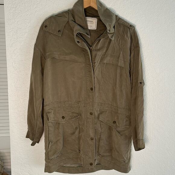 Zara Green Jacket 100% Tencel Gorpcore Oversized Hooded Zip Snap Front Grunge - Picture 1 of 9